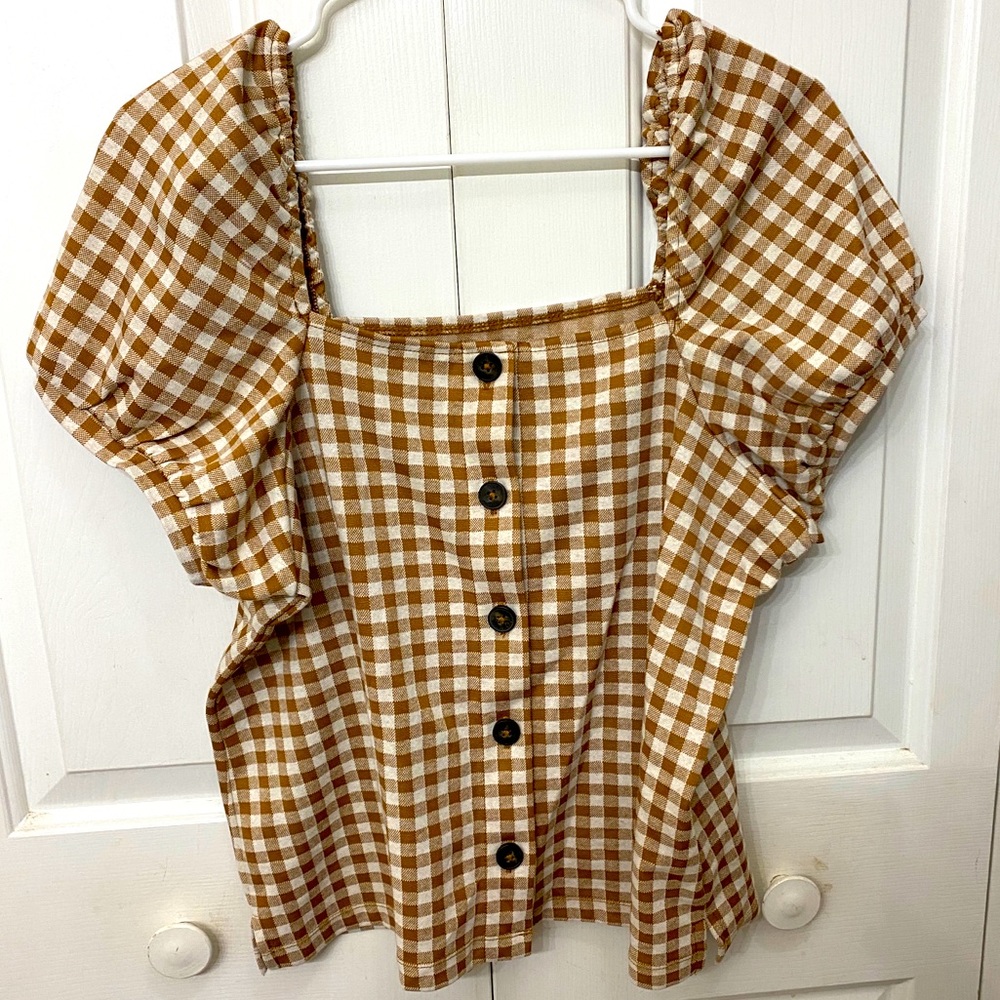 Madewell | Gingham Brown and Cream top
